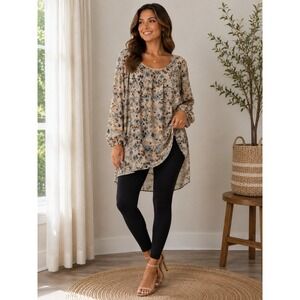 H&M Women's Floral Long Sleeve Tunic Blouse Beige Blue Boho Sheer Lightweight